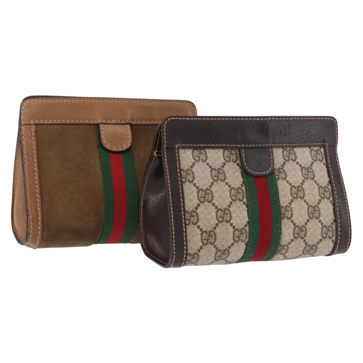 GUCCI GG Supreme Web Sherry Line Clutch Bag PVC Suede 2 Set Beige Auth 192683