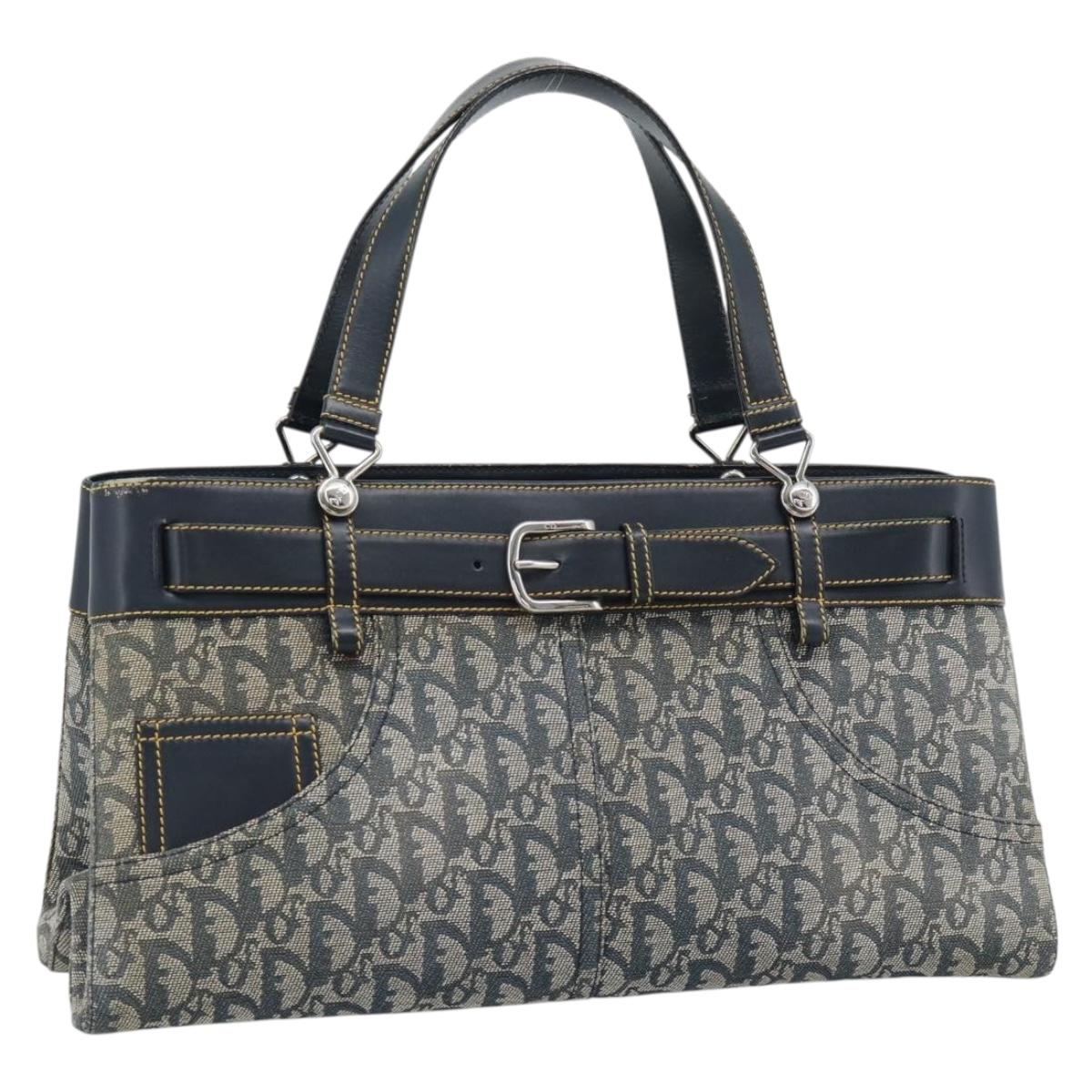 Christian Dior Trotter Canvas Hand Bag Navy Silver Auth 192691