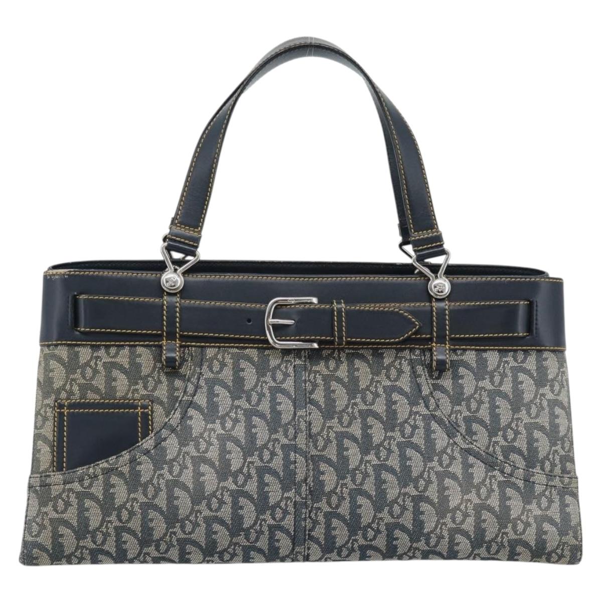 Christian Dior Trotter Canvas Hand Bag Navy Silver Auth 192691