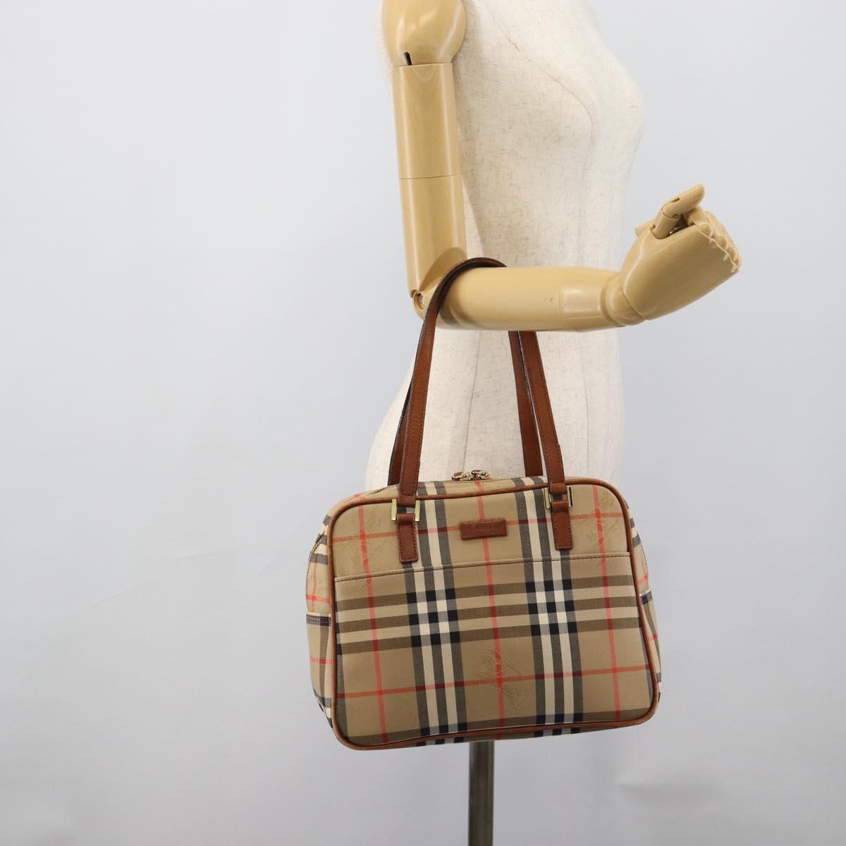 BURBERRY Nova Check Hand Bag Canvas Beige Gold Tone Auth 192718