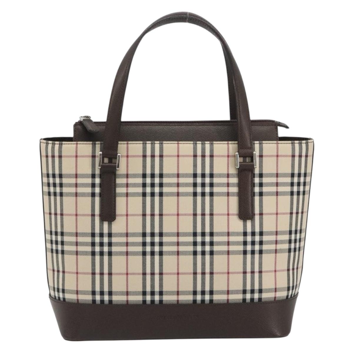 BURBERRY Nova Check Hand Bag Canvas Beige Silver Auth 192719V