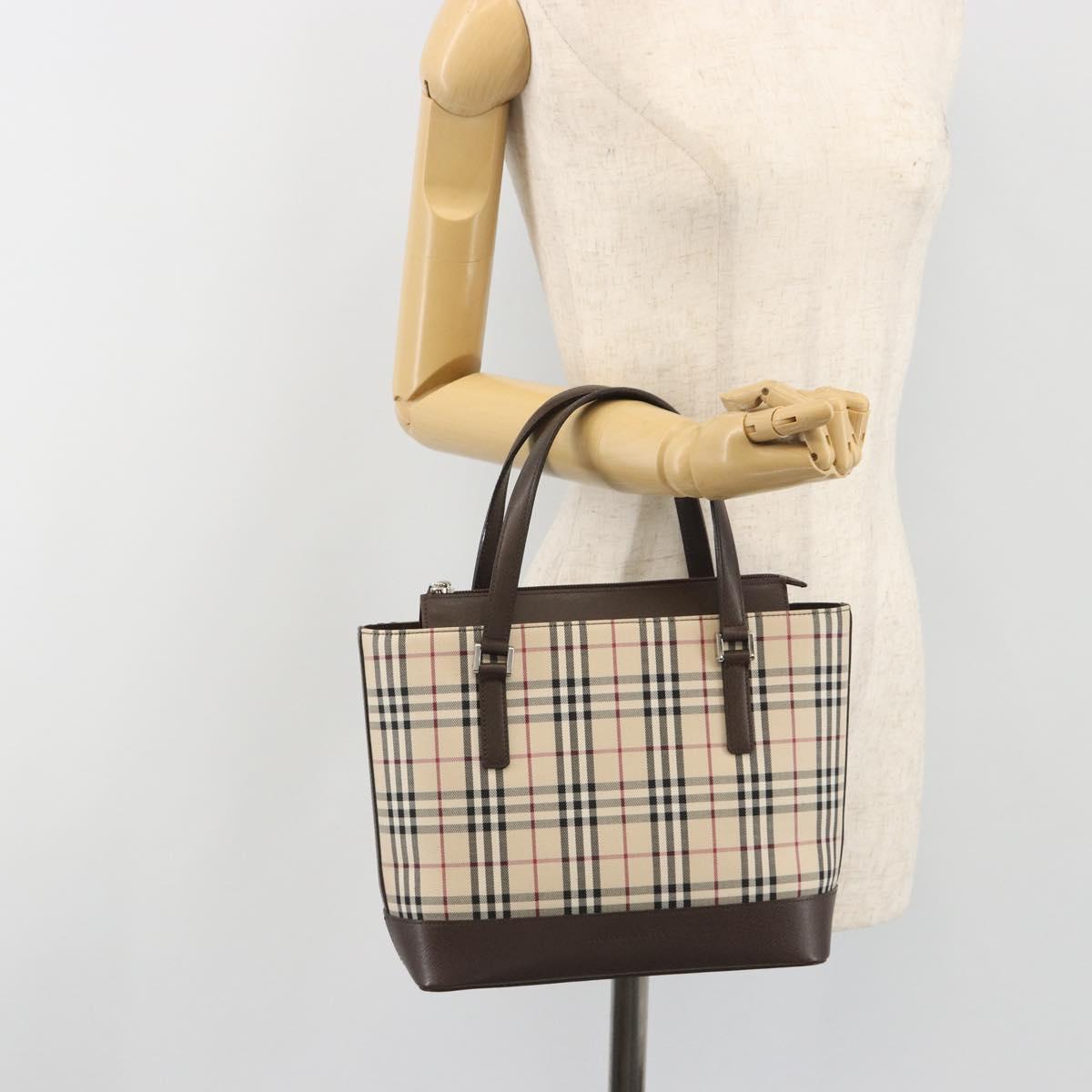 BURBERRY Nova Check Hand Bag Canvas Beige Silver Auth 192719V