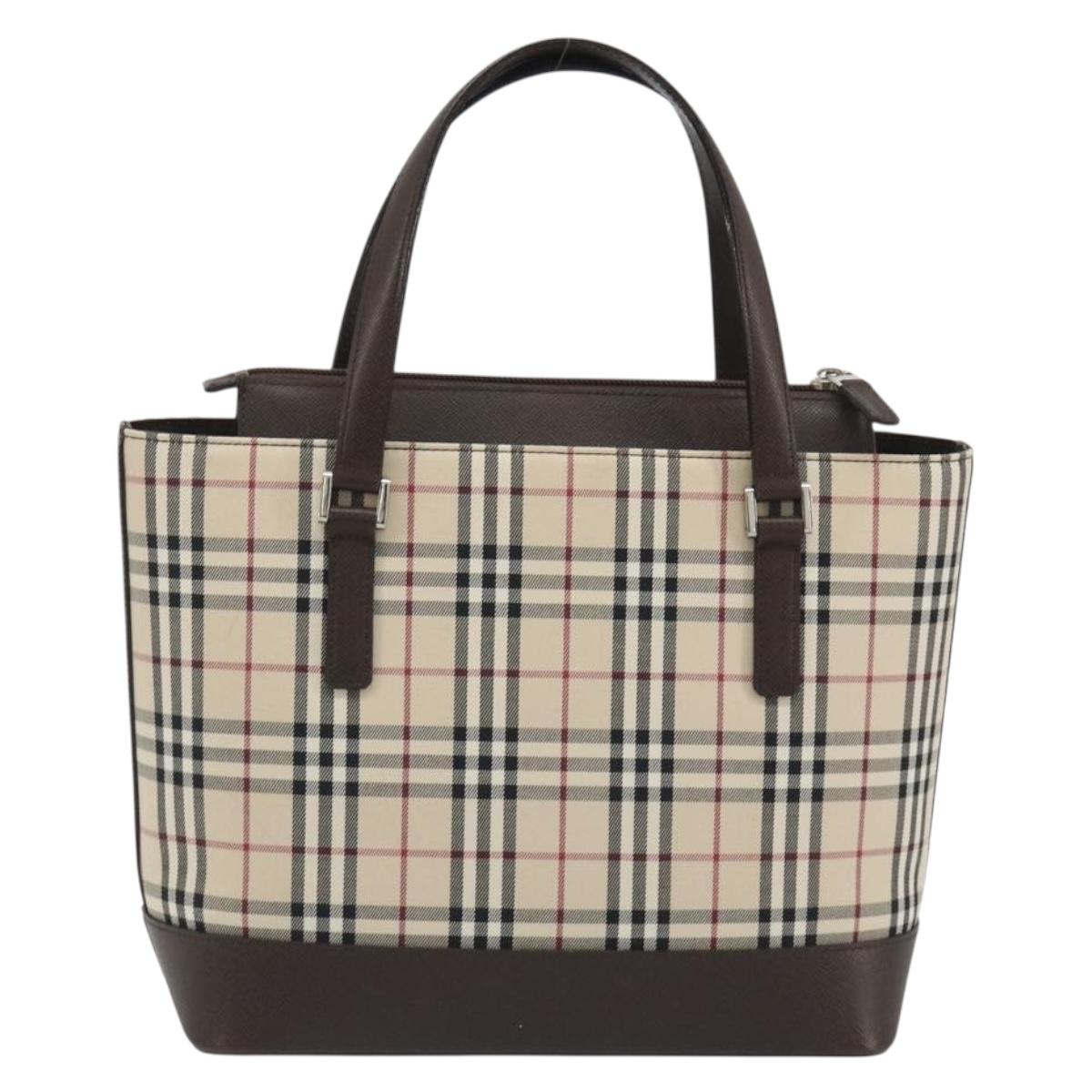 BURBERRY Nova Check Hand Bag Canvas Beige Silver Auth 192719V