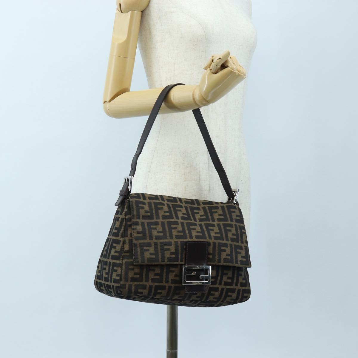 FENDI Zucca Canvas Mamma Baguette Shoulder Bag Brown Silver Auth 192730V