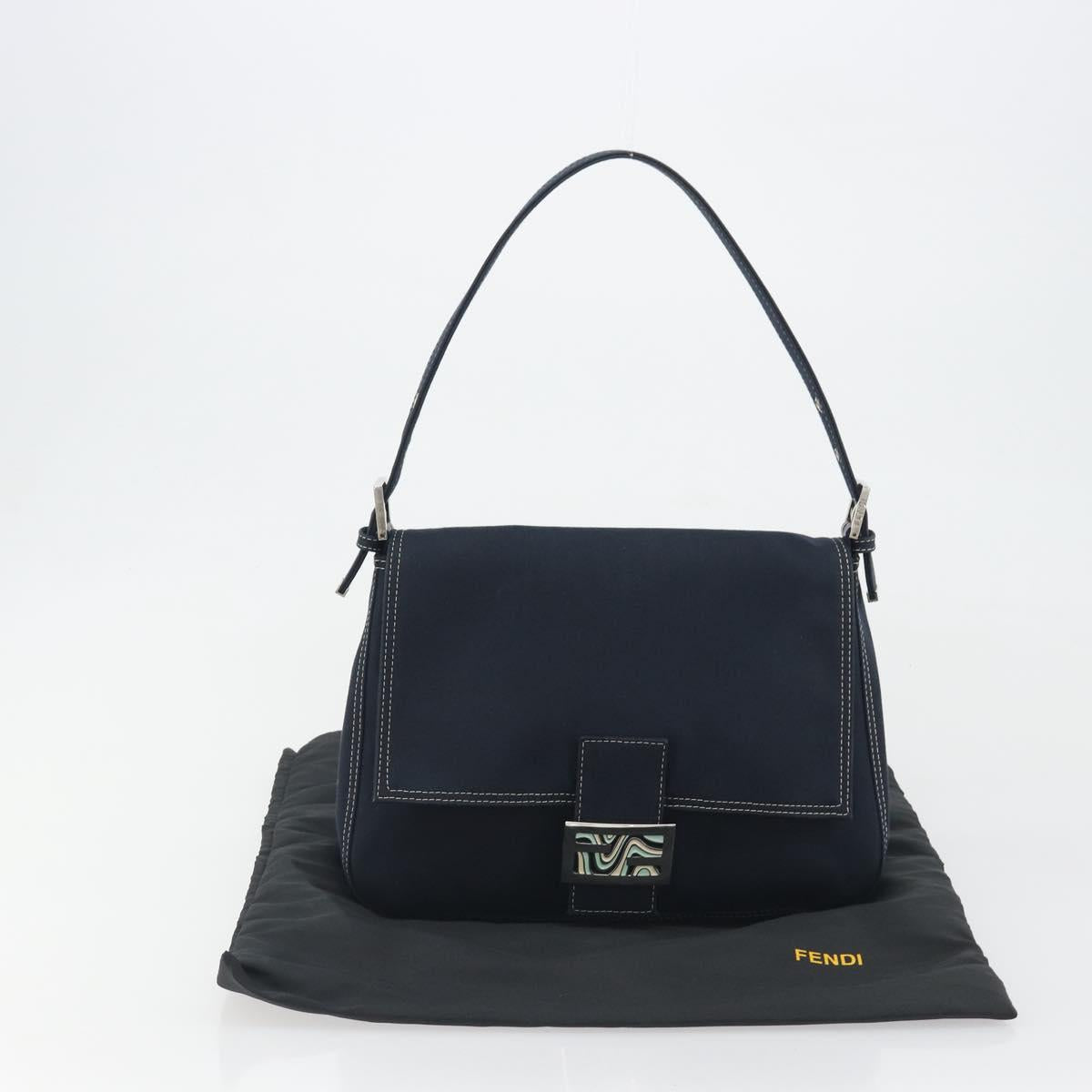 FENDI Mamma Baguette Shoulder Bag Canvas Navy Silver Auth 192731SV