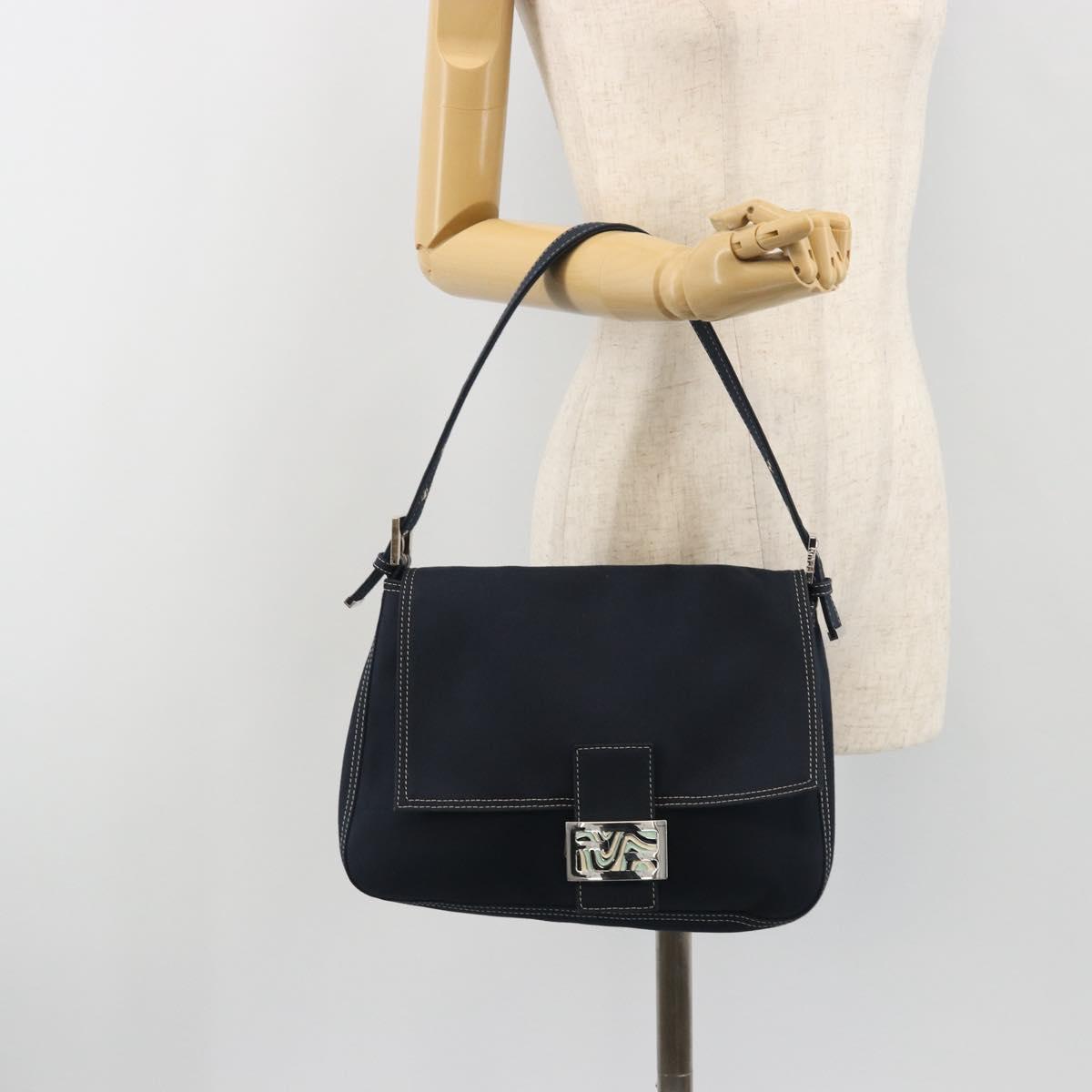 FENDI Mamma Baguette Shoulder Bag Canvas Navy Silver Auth 192731SV