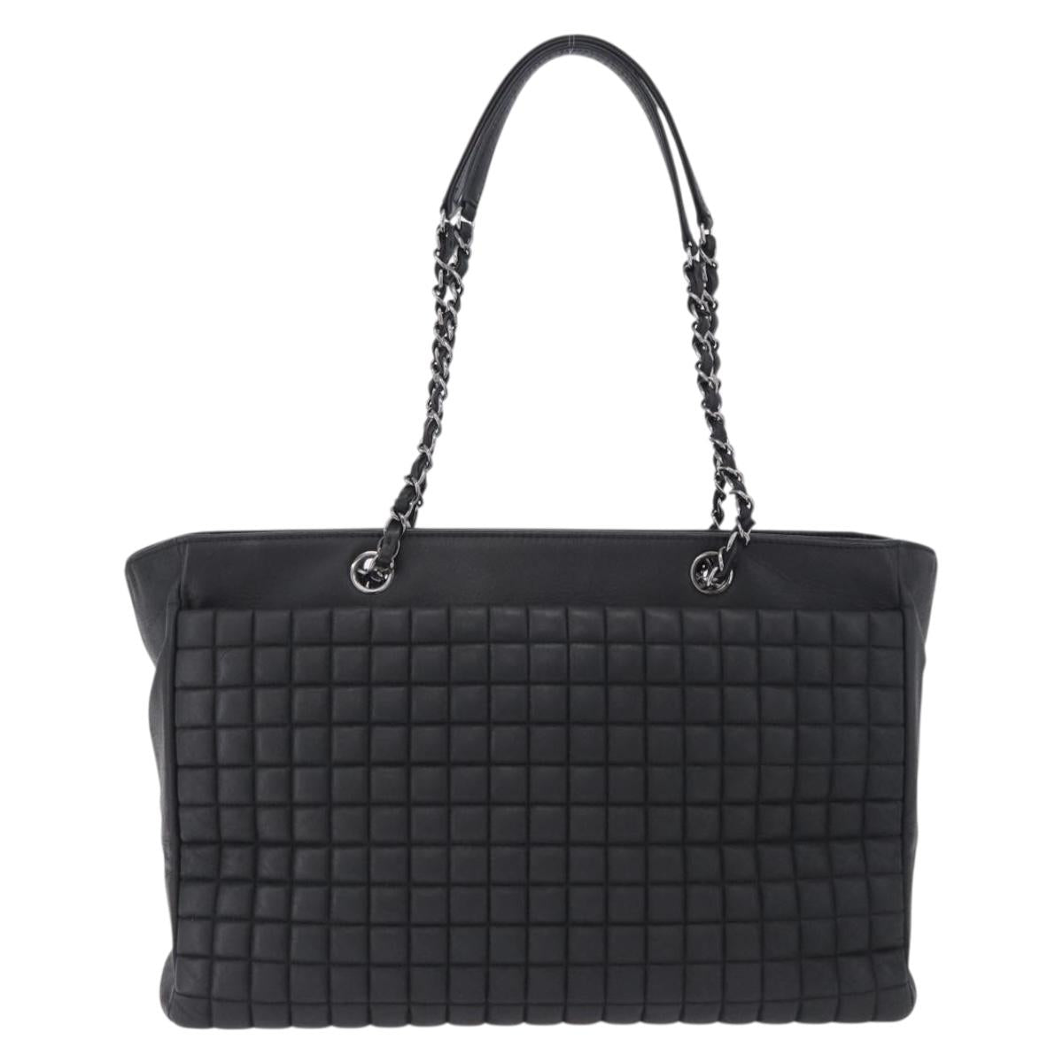 CHANEL Choco Bar Chain Shoulder Bag Lamb Skin Black Silver CC Auth 192736V