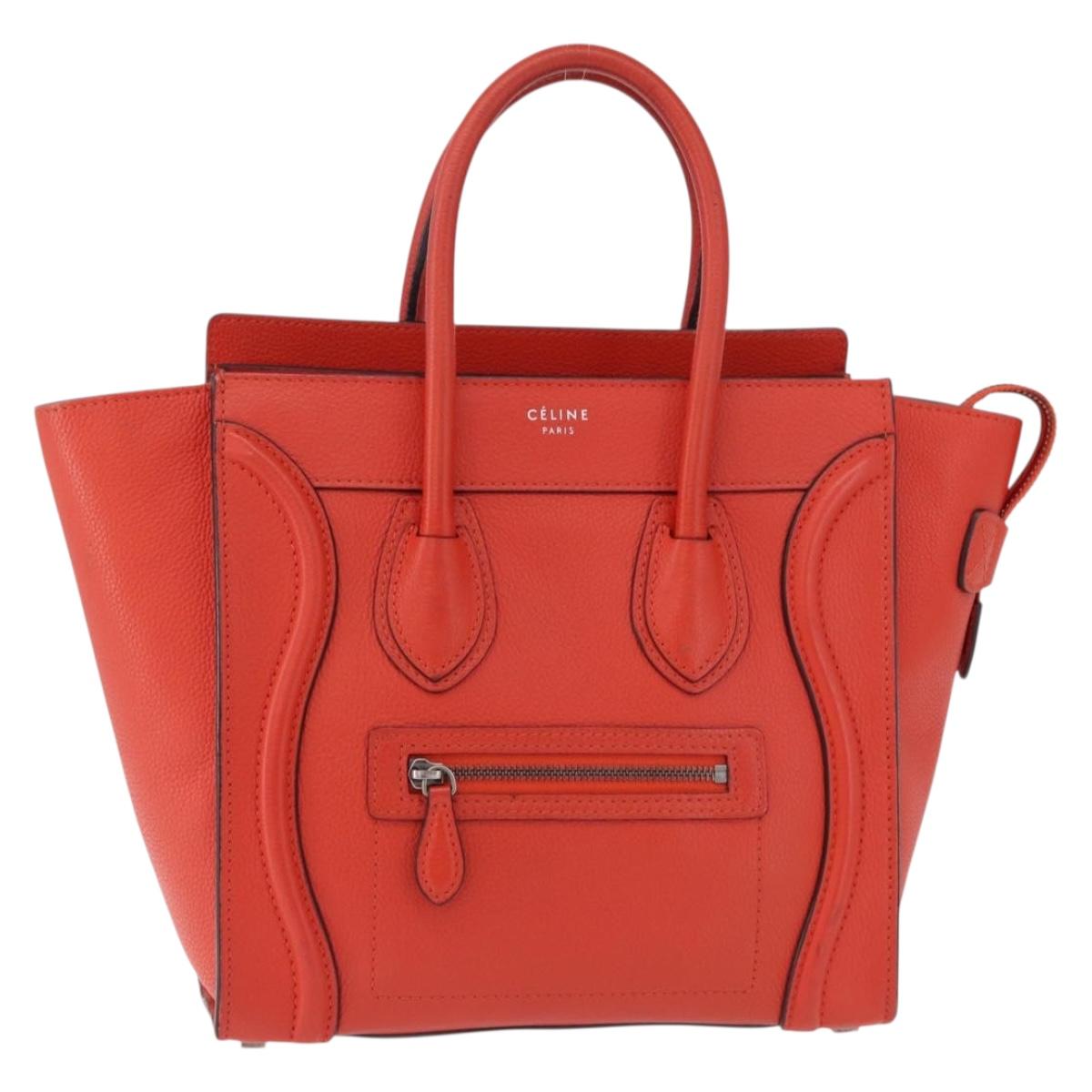 CELINE Luggage Micro Shopper Hand Bag Leather Red Silver Auth 192740A