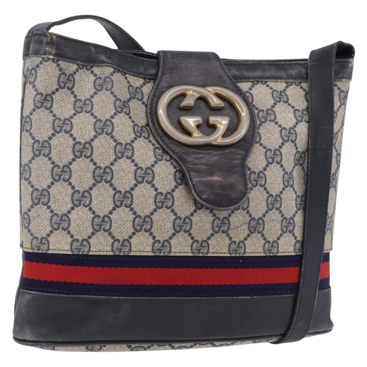 GUCCI GG Supreme Shoulder Bag PVC Leather Navy Gold Tone Auth 192742