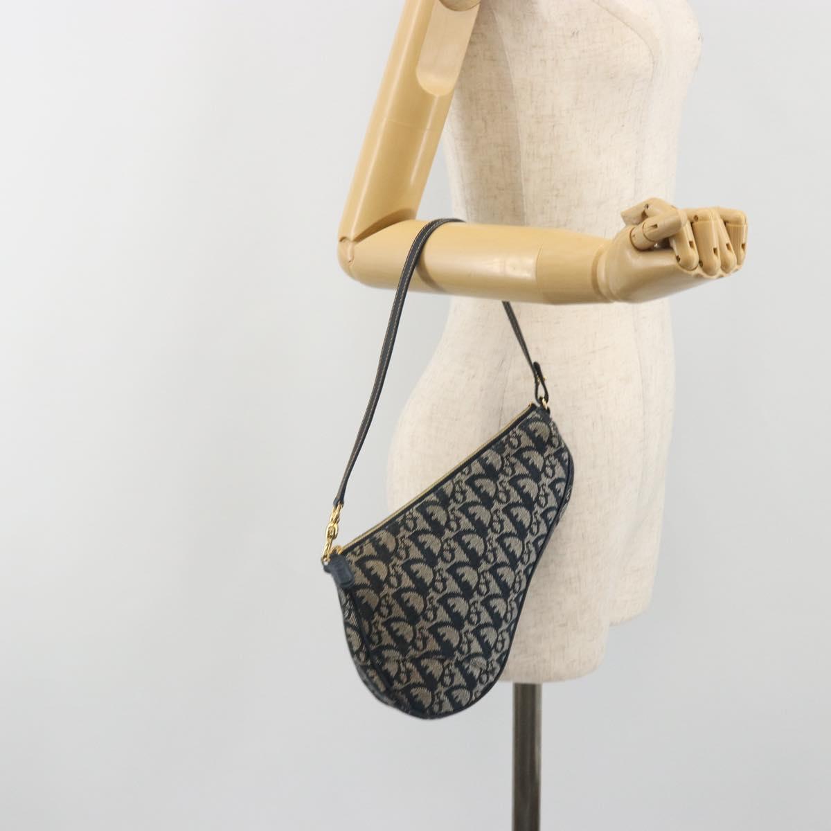 Christian Dior Trotter Canvas Saddle Pouch Navy Gold Auth 192762V