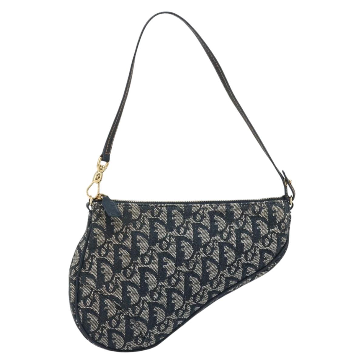 Christian Dior Trotter Canvas Saddle Pouch Navy Gold Auth 192762V