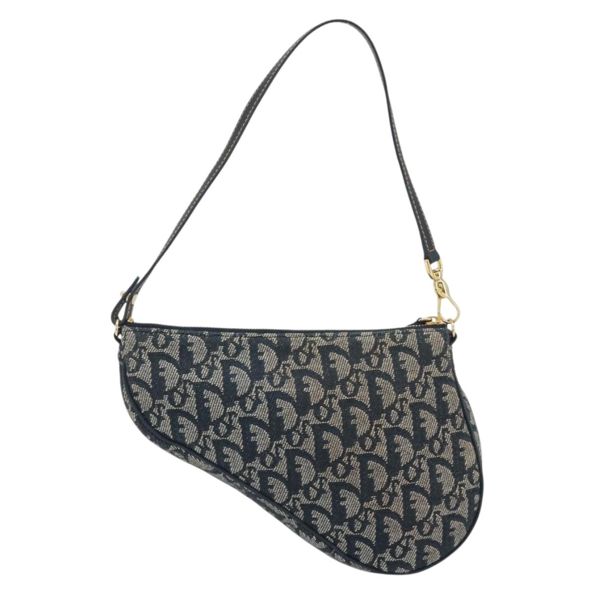 Christian Dior Trotter Canvas Saddle Pouch Navy Gold Auth 192762V