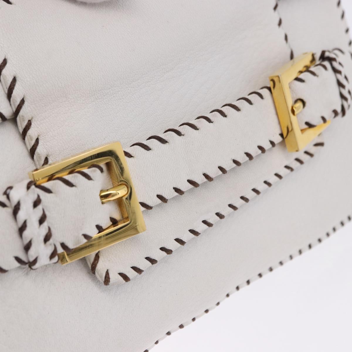 FENDI Shoulder Bag Leather White Gold Tone Auth 192766V