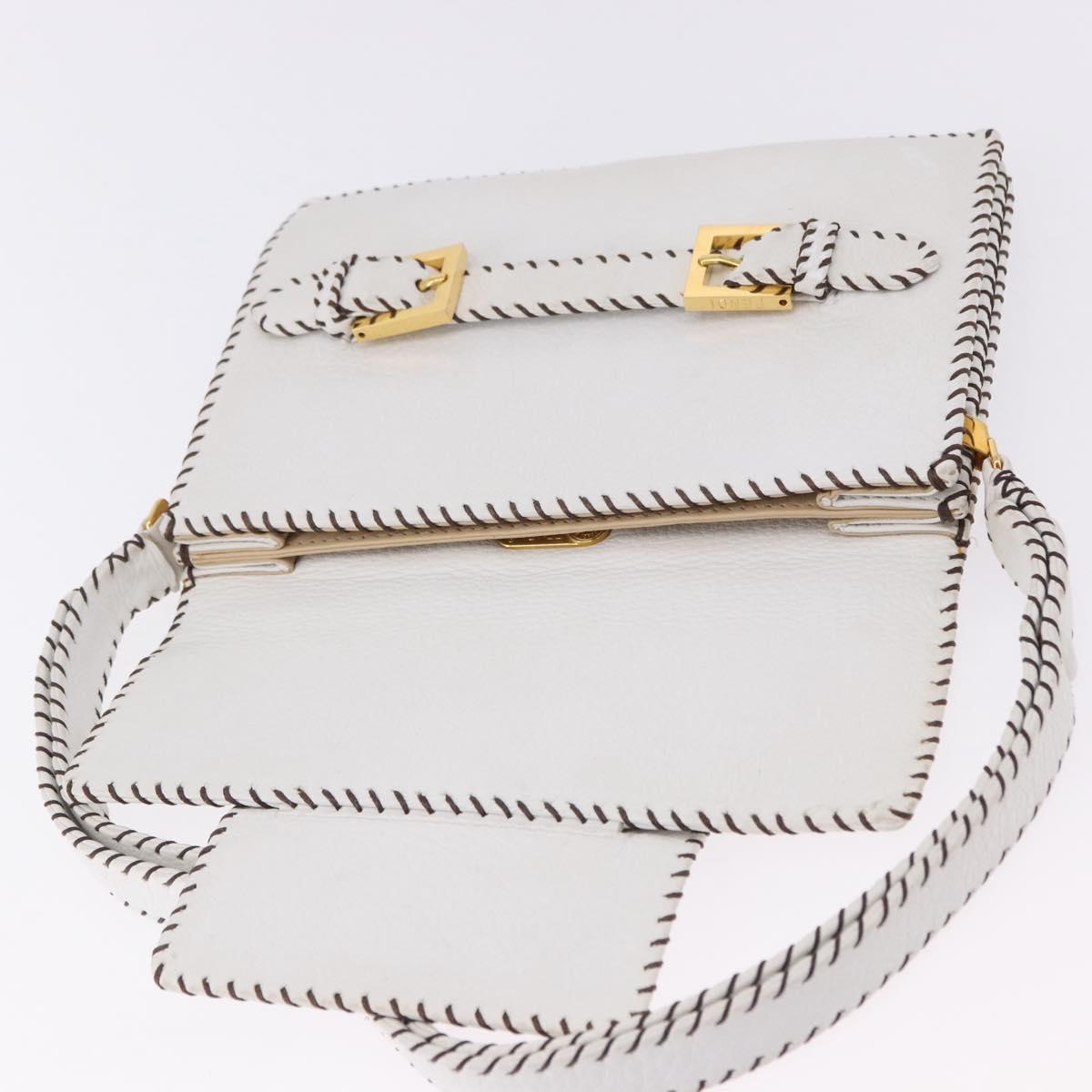 FENDI Shoulder Bag Leather White Gold Tone Auth 192766V