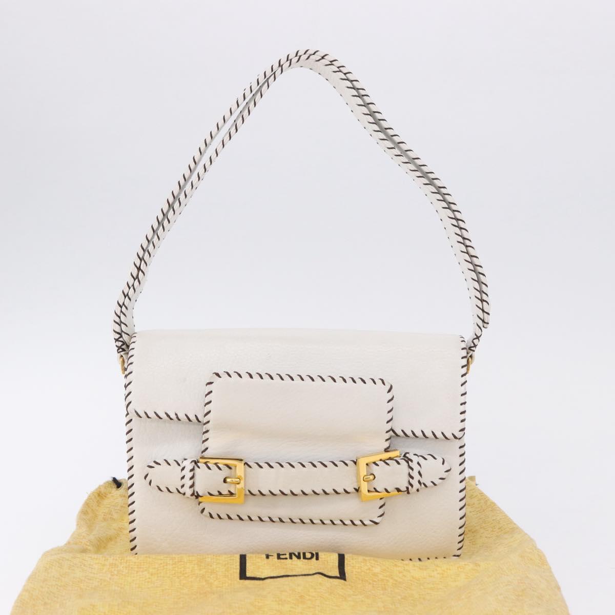 FENDI Shoulder Bag Leather White Gold Tone Auth 192766V