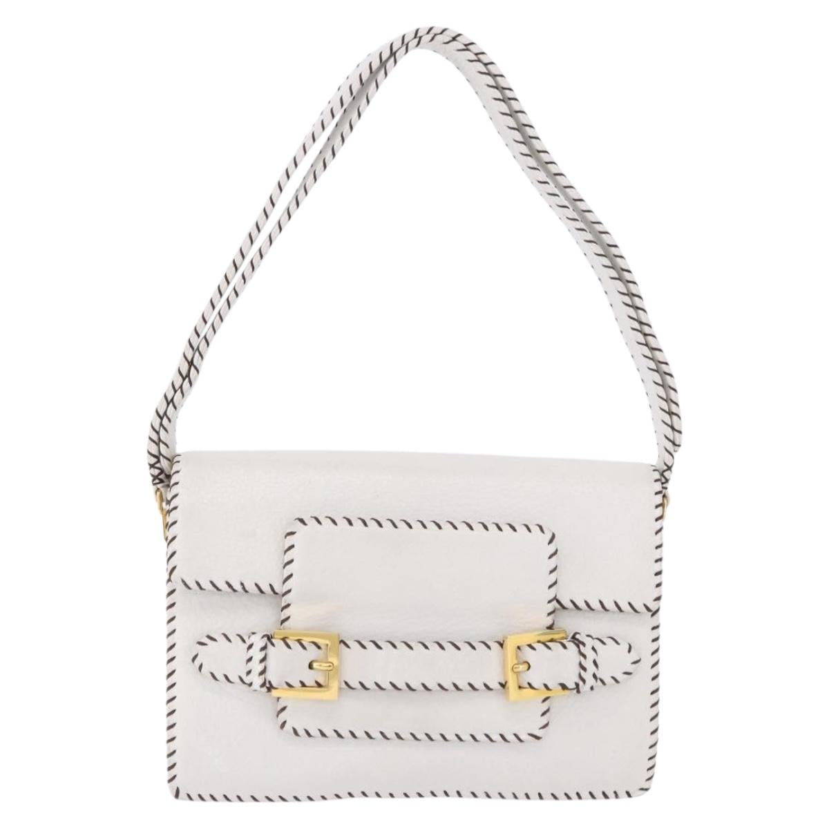 FENDI Shoulder Bag Leather White Gold Tone Auth 192766V