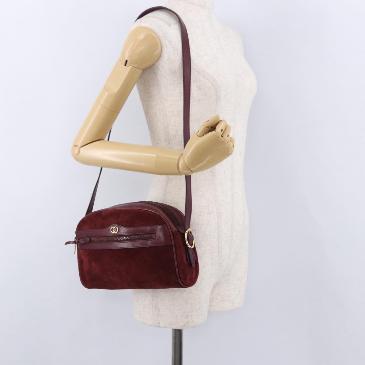 GUCCI Shoulder Bag Suede Bordeaux Gold Tone Auth 192771