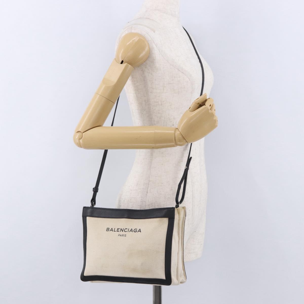 BALENCIAGA Navy Pochette Shoulder Bag Canvas Ivory Black 339937 Auth 192772