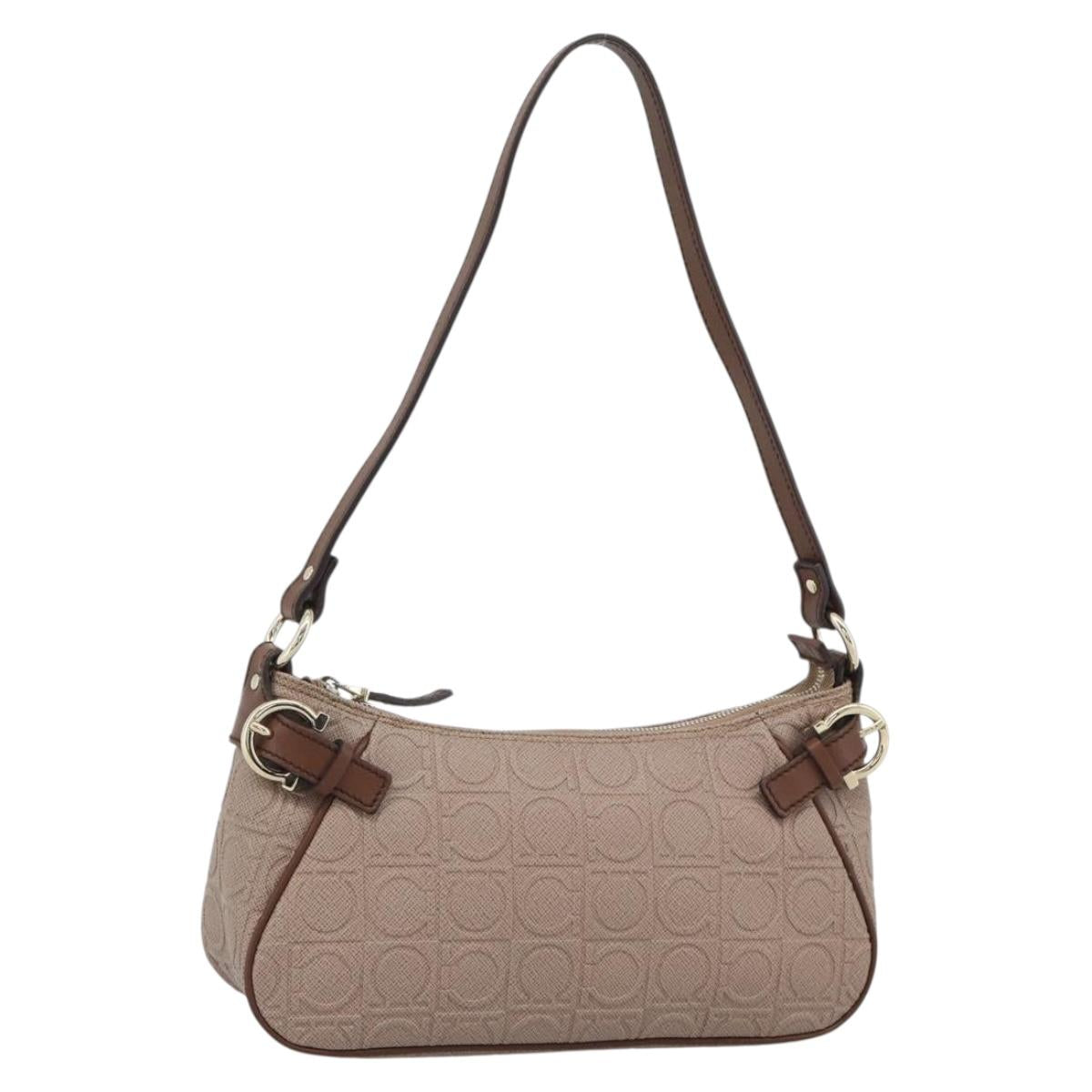 Salvatore Ferragamo Gancini Accessory Pouch Canvas Pink Gold Tone Auth 192778A