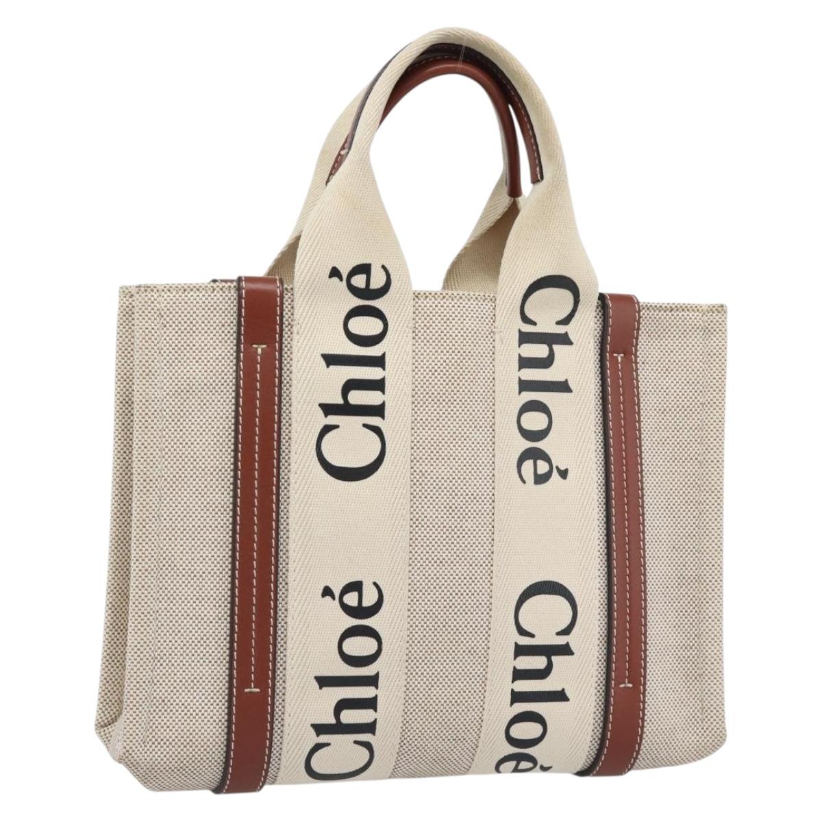 Chloe Woody Small Hand Bag Canvas Beige Brown Auth 192780