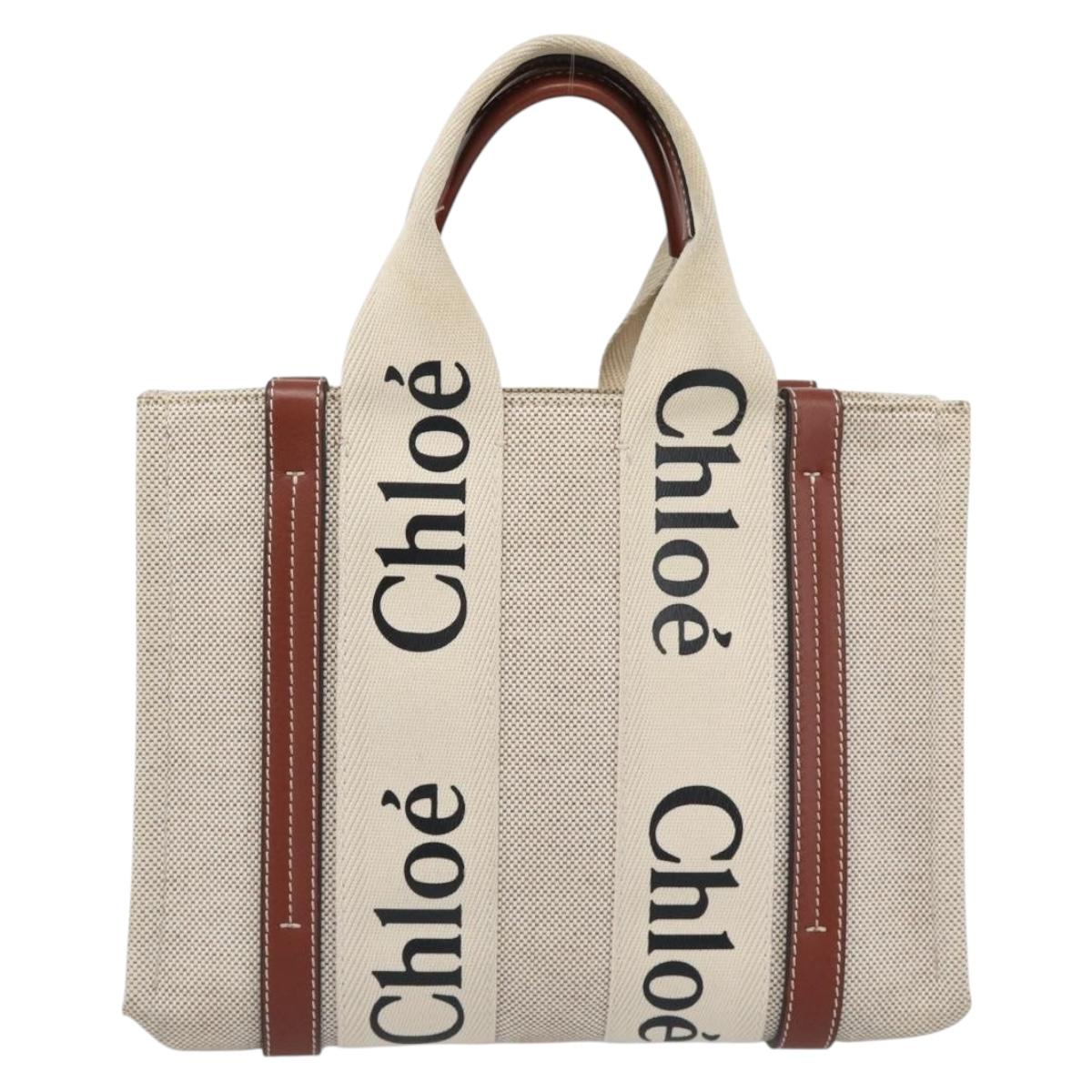 Chloe Woody Small Hand Bag Canvas Beige Brown Auth 192780