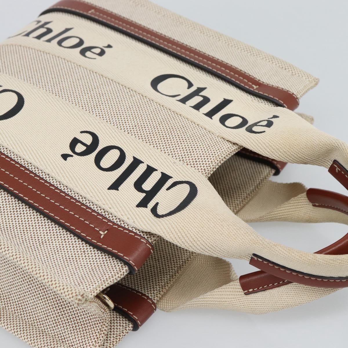 Chloe Woody Small Hand Bag Canvas Beige Brown Auth 192780