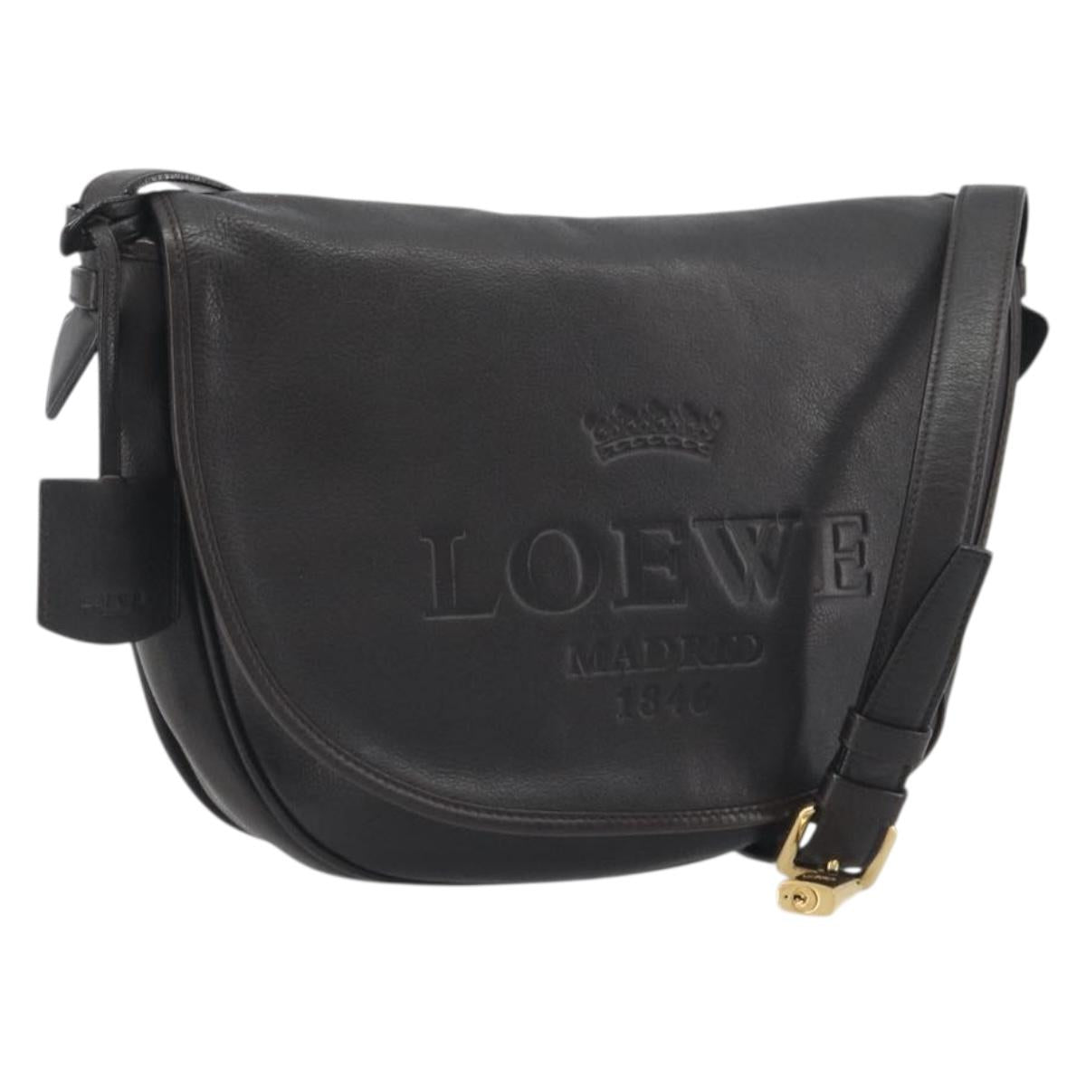 LOEWE Shoulder Bag Leather Dark Brown Gold Tone Auth 192782A
