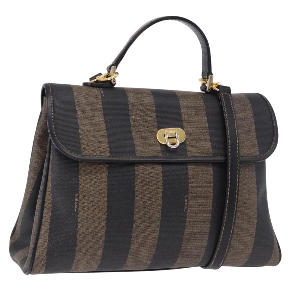 FENDI Pecan Hand Bag PVC Leather 2way Brown Gold Tone Auth 192783A