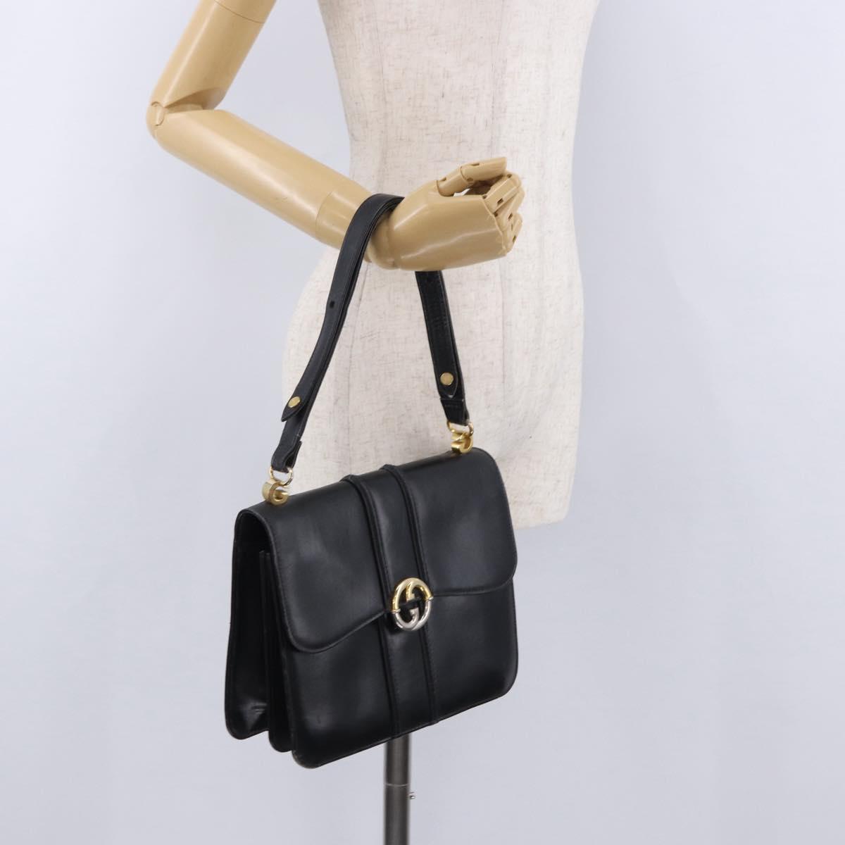 GUCCI Shoulder Bag Leather Black Gold Tone Auth 192785