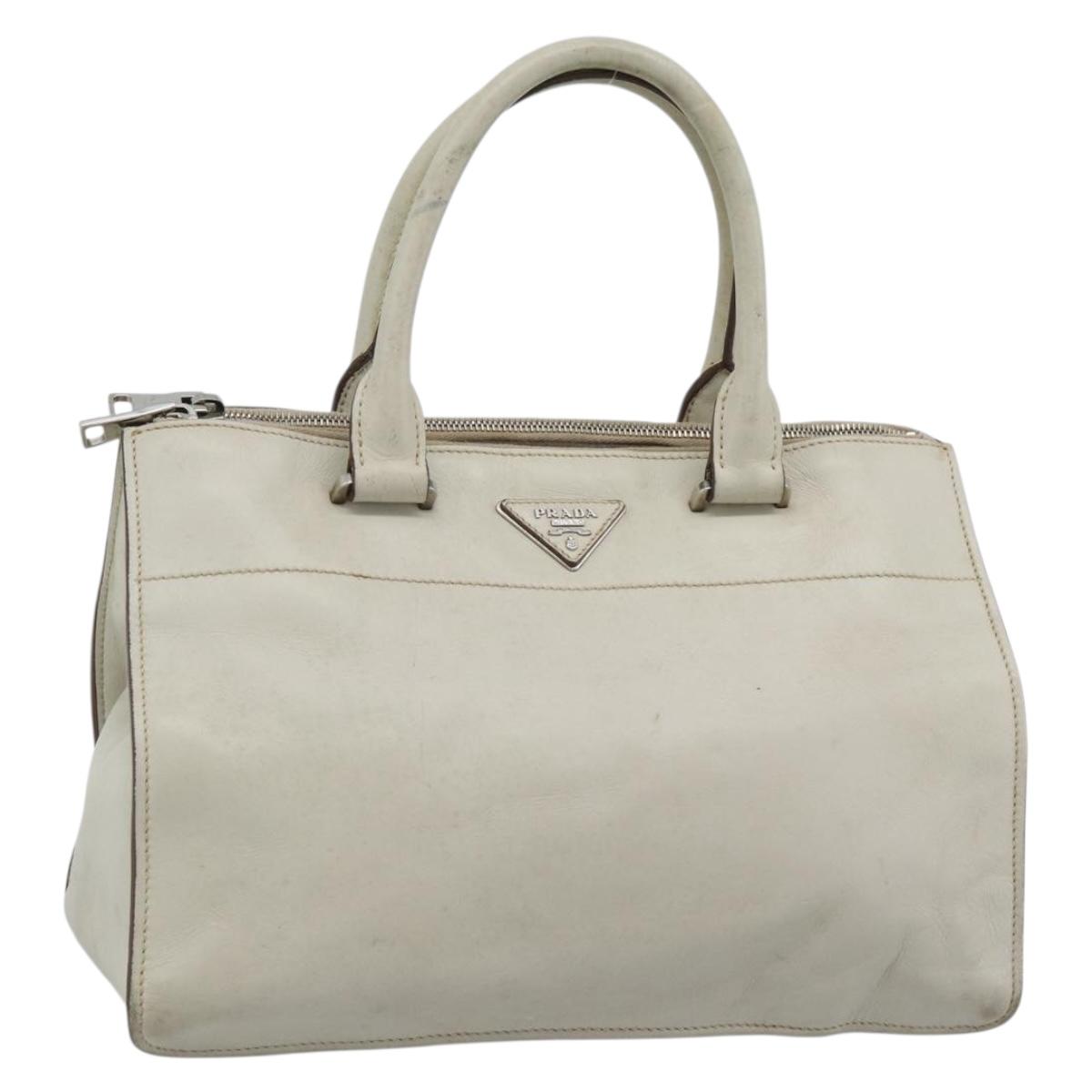 PRADA Hand Bag Leather Ivory Silver Auth 192790
