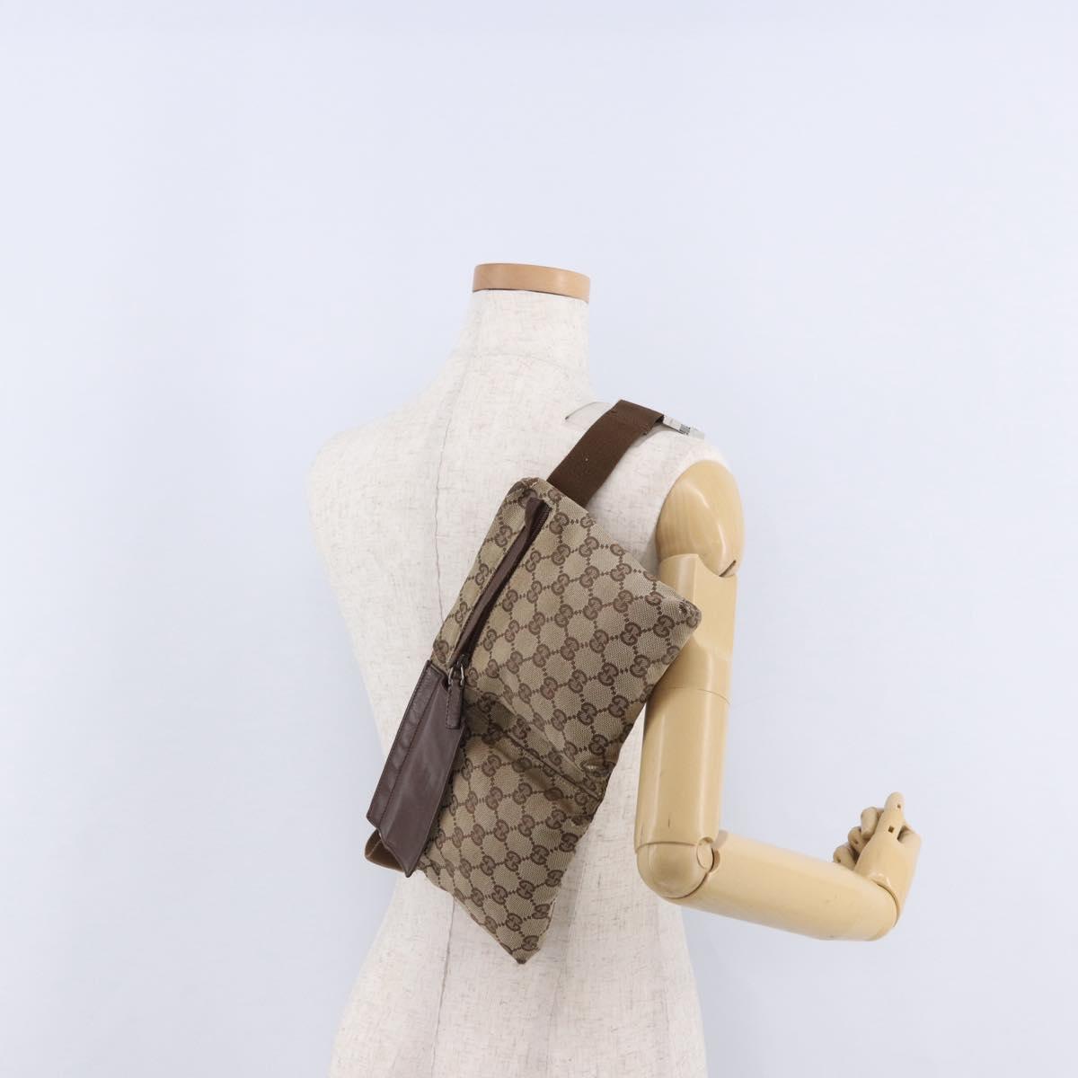 GUCCI GG Canvas Waist Bag Beige Silver 28566 Auth 192803