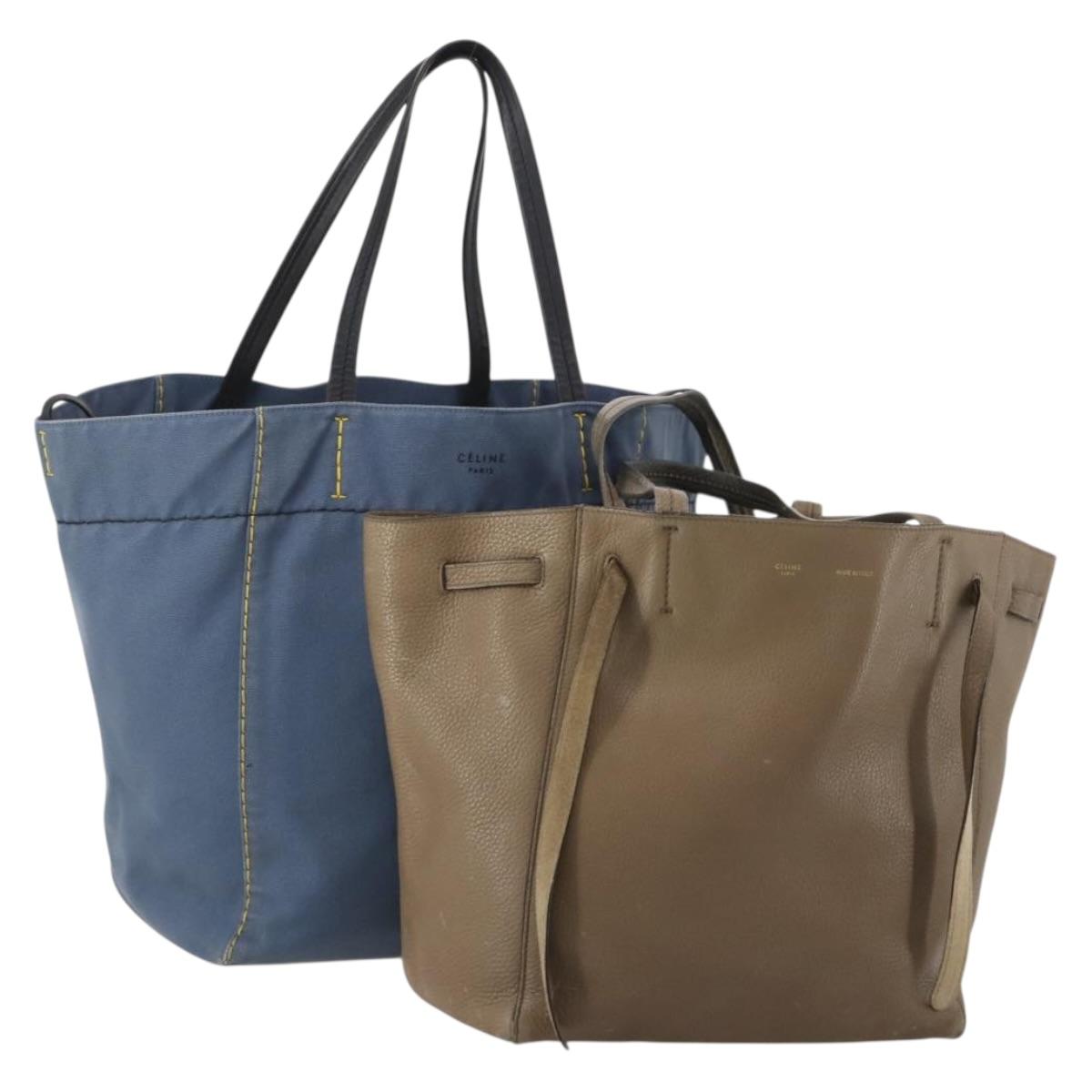 CELINE Tote Bag Leather Canvas 2 Set Beige Blue Auth 192810