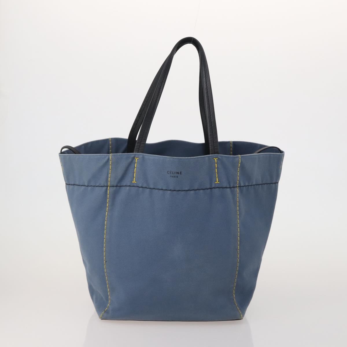 CELINE Tote Bag Leather Canvas 2 Set Beige Blue Auth 192810