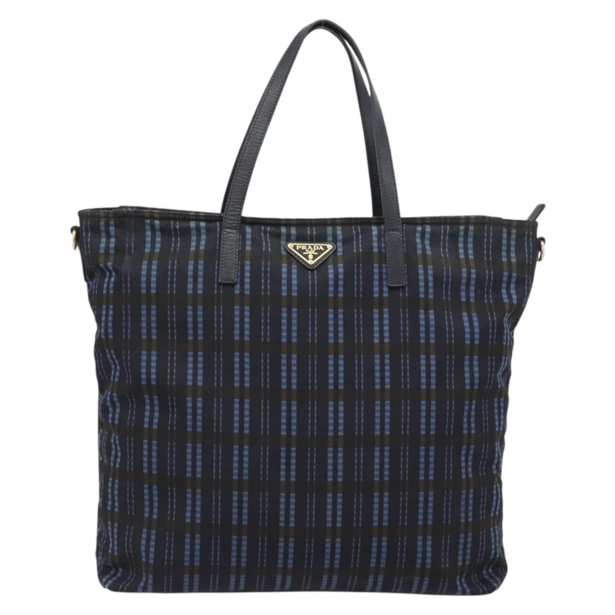 PRADA Tote Bag Nylon Navy Gold Tone Auth 192816A