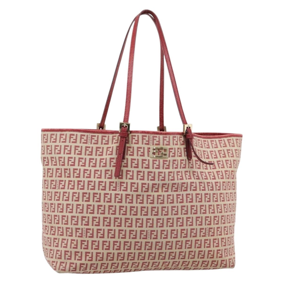 FENDI Zucchino Canvas Tote Bag Red Gold Tone 8BH127 Auth 192817A