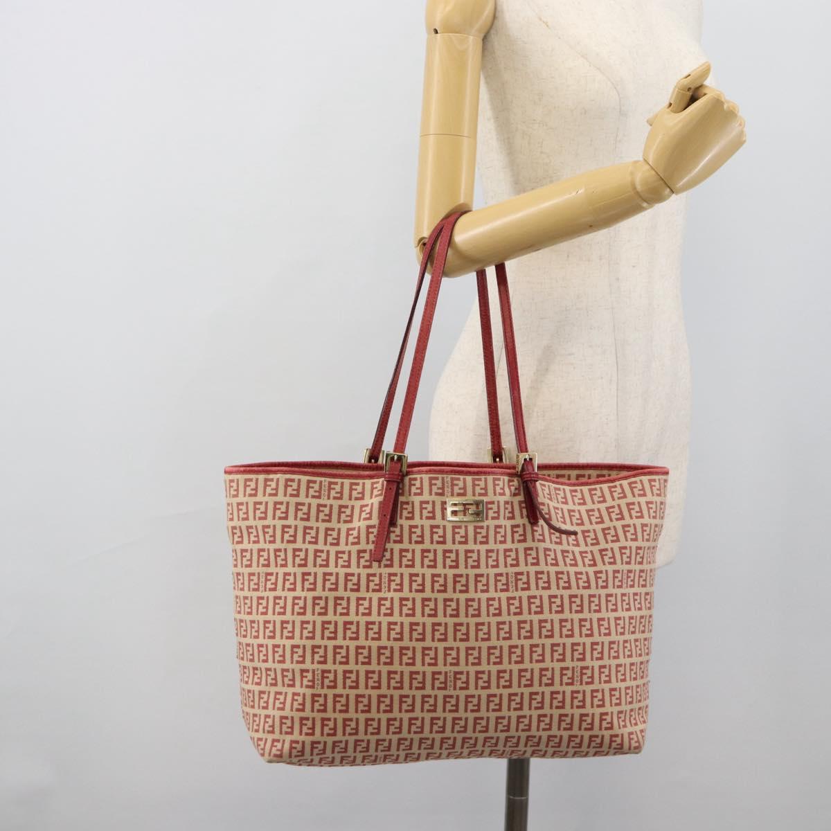 FENDI Zucchino Canvas Tote Bag Red Gold Tone 8BH127 Auth 192817A