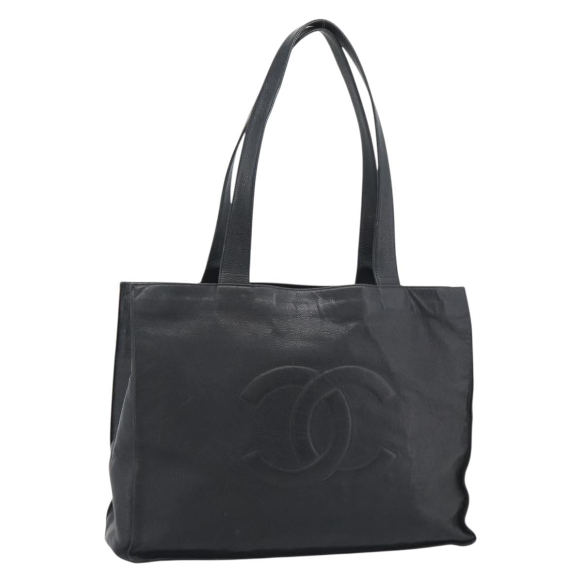 CHANEL COCO Mark Tote Bag Caviar Skin Black Gold Tone CC Auth 192819