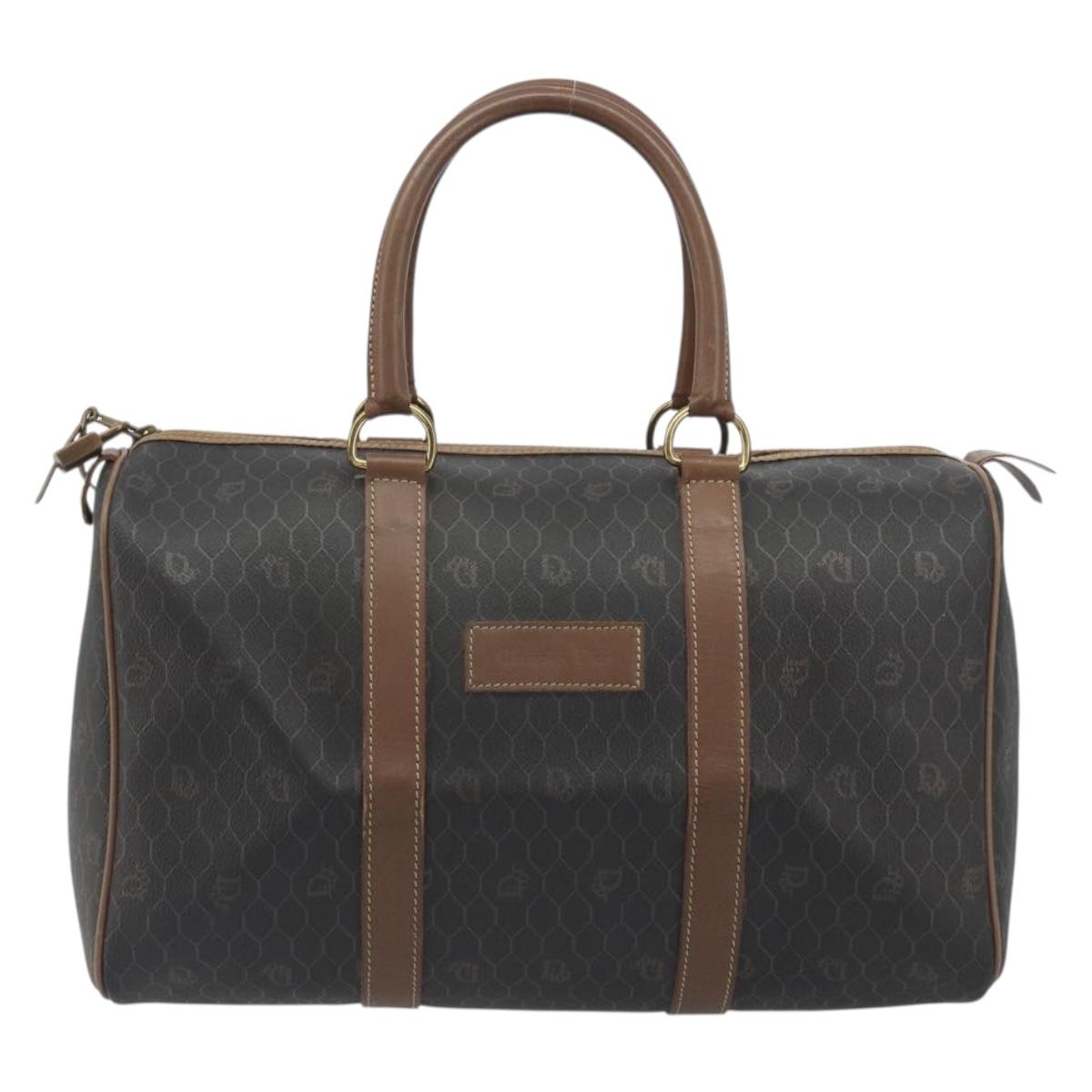 Christian Dior Honeycomb Boston Bag PVC Leather Brown Gold Tone Auth 192820A