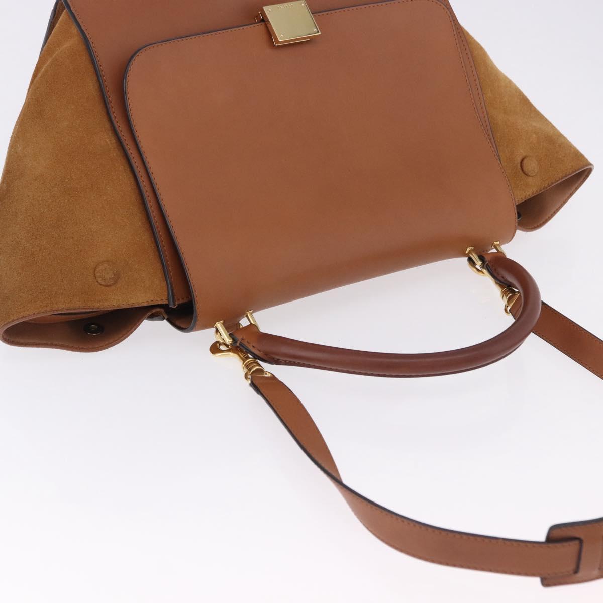 CELINE Trapeze Hand Bag Leather 2way Brown Gold Tone Auth 192822A