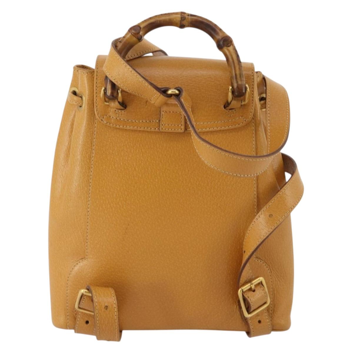 GUCCI Bamboo Backpack Leather Beige Gold Tone Auth 192827A