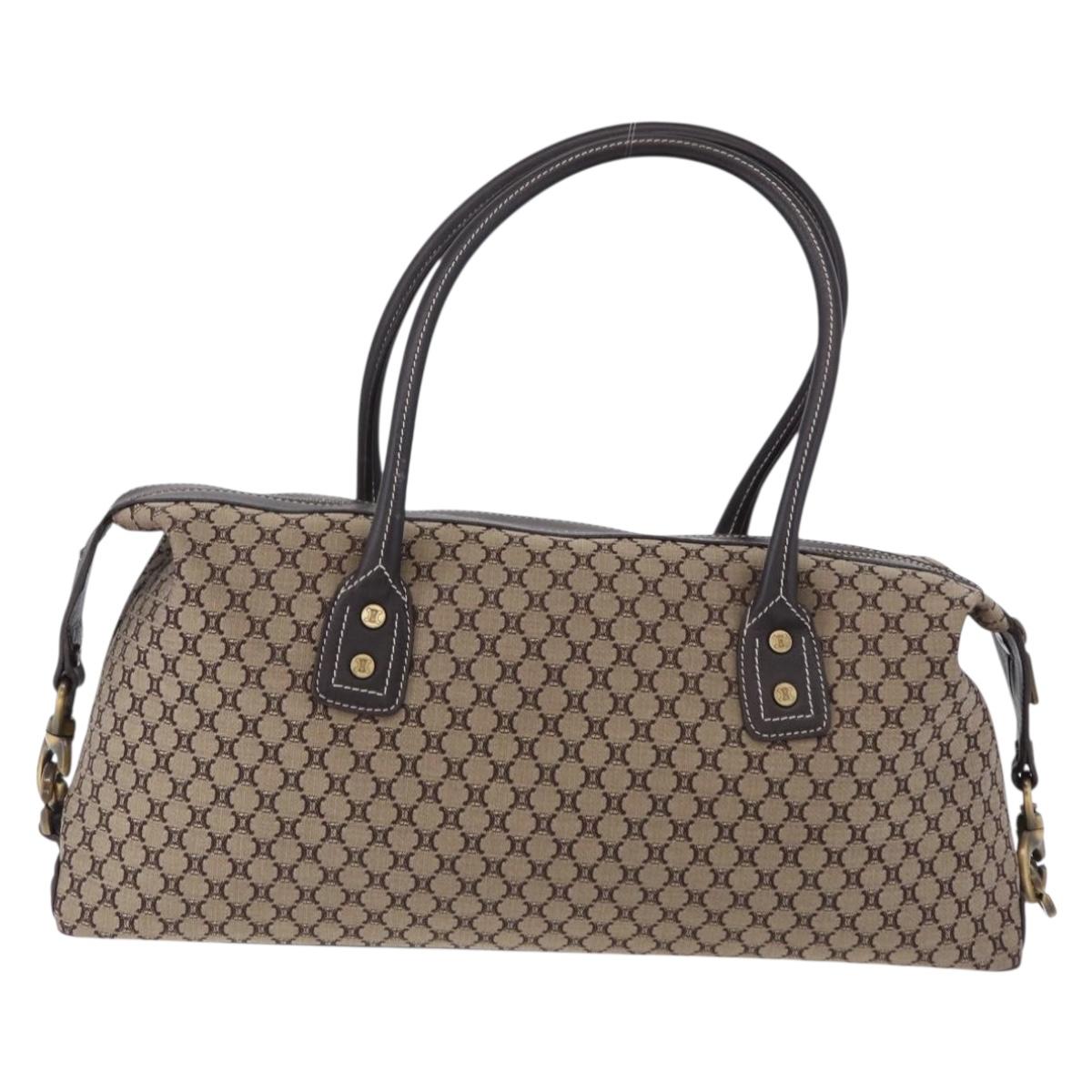 CELINE Macadam Canvas Boston Bag Beige Gold Tone Auth 192830A