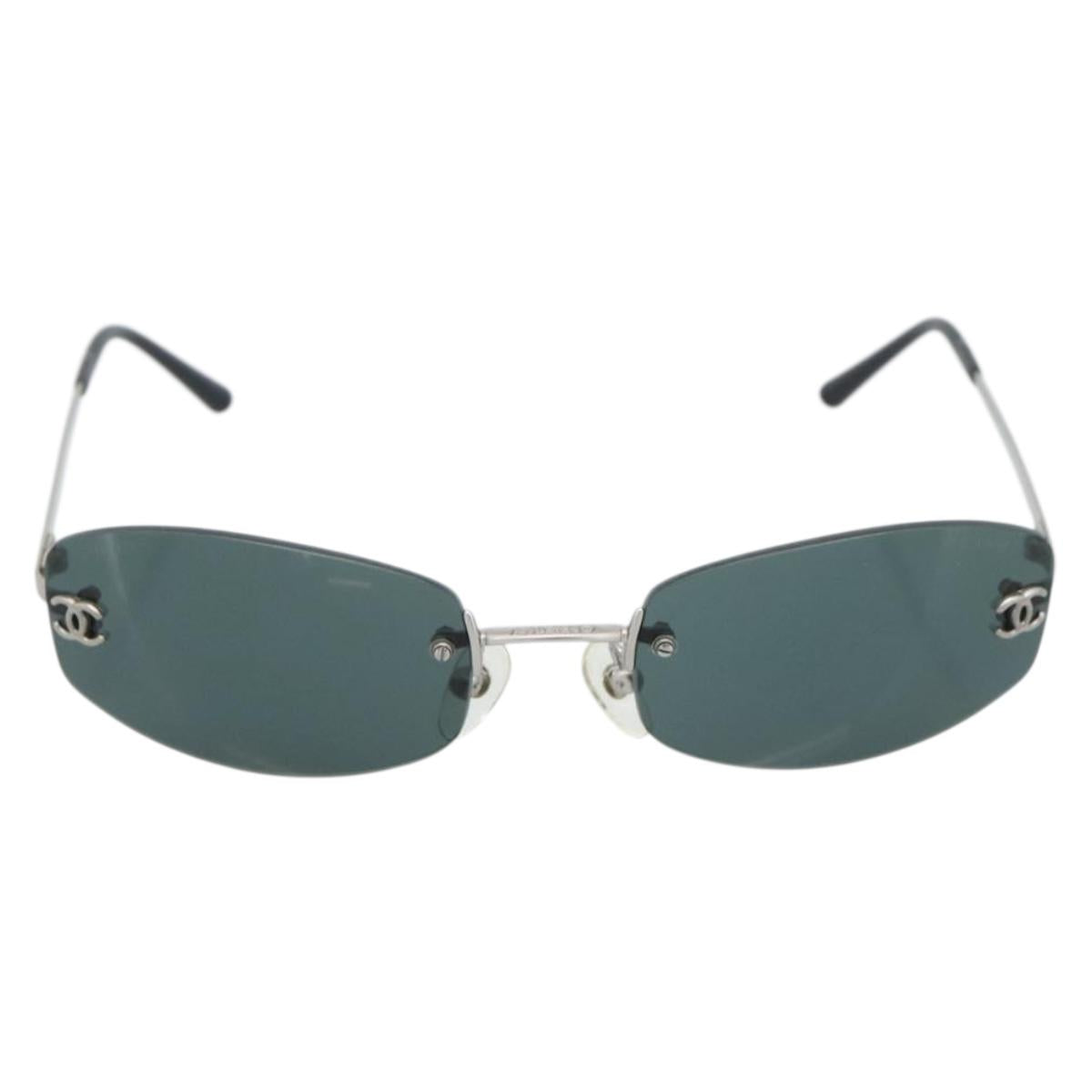 CHANEL COCO Mark Sunglasses Metal Silver Black CC Auth 192855M