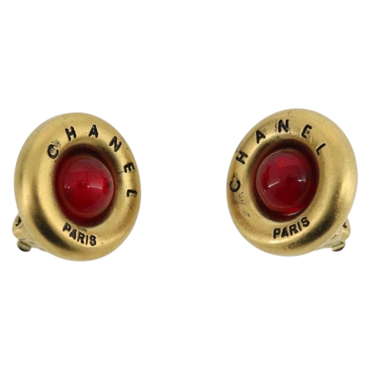 CHANEL Earring Metal Gold Tone Red CC Auth 192857V