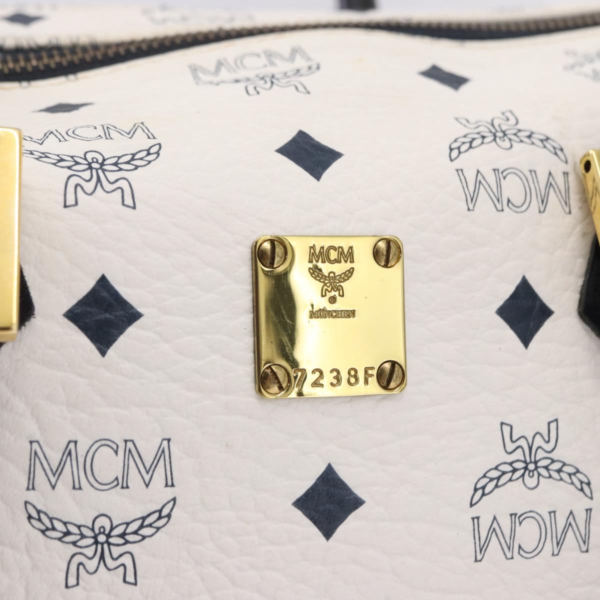 MCM Vicetos Boston Bag PVC Leather 2way White Gold Tone Auth 192878A