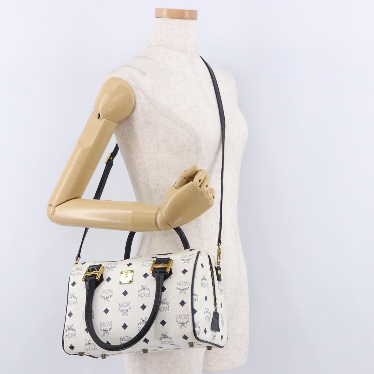 MCM Vicetos Boston Bag PVC Leather 2way White Gold Tone Auth 192878A