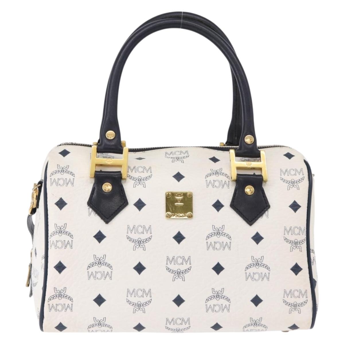 MCM Vicetos Boston Bag PVC Leather 2way White Gold Tone Auth 192878A