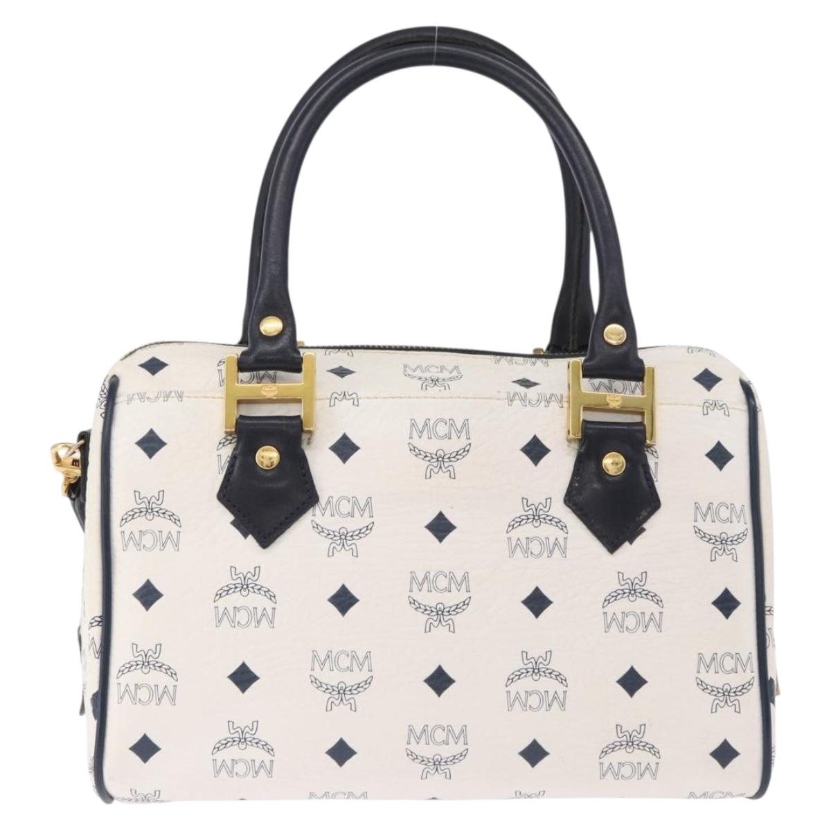 MCM Vicetos Boston Bag PVC Leather 2way White Gold Tone Auth 192878A