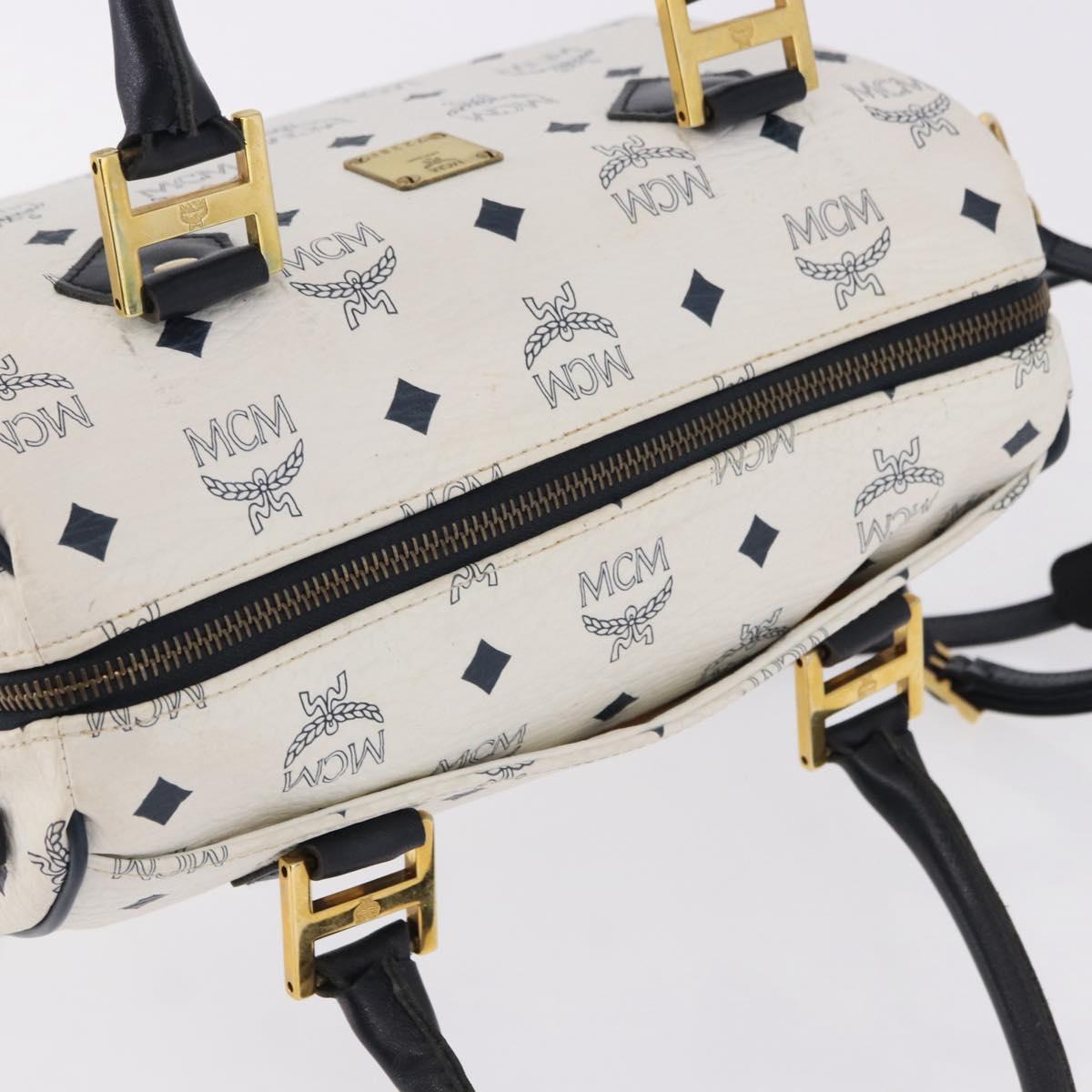 MCM Vicetos Boston Bag PVC Leather 2way White Gold Tone Auth 192878A