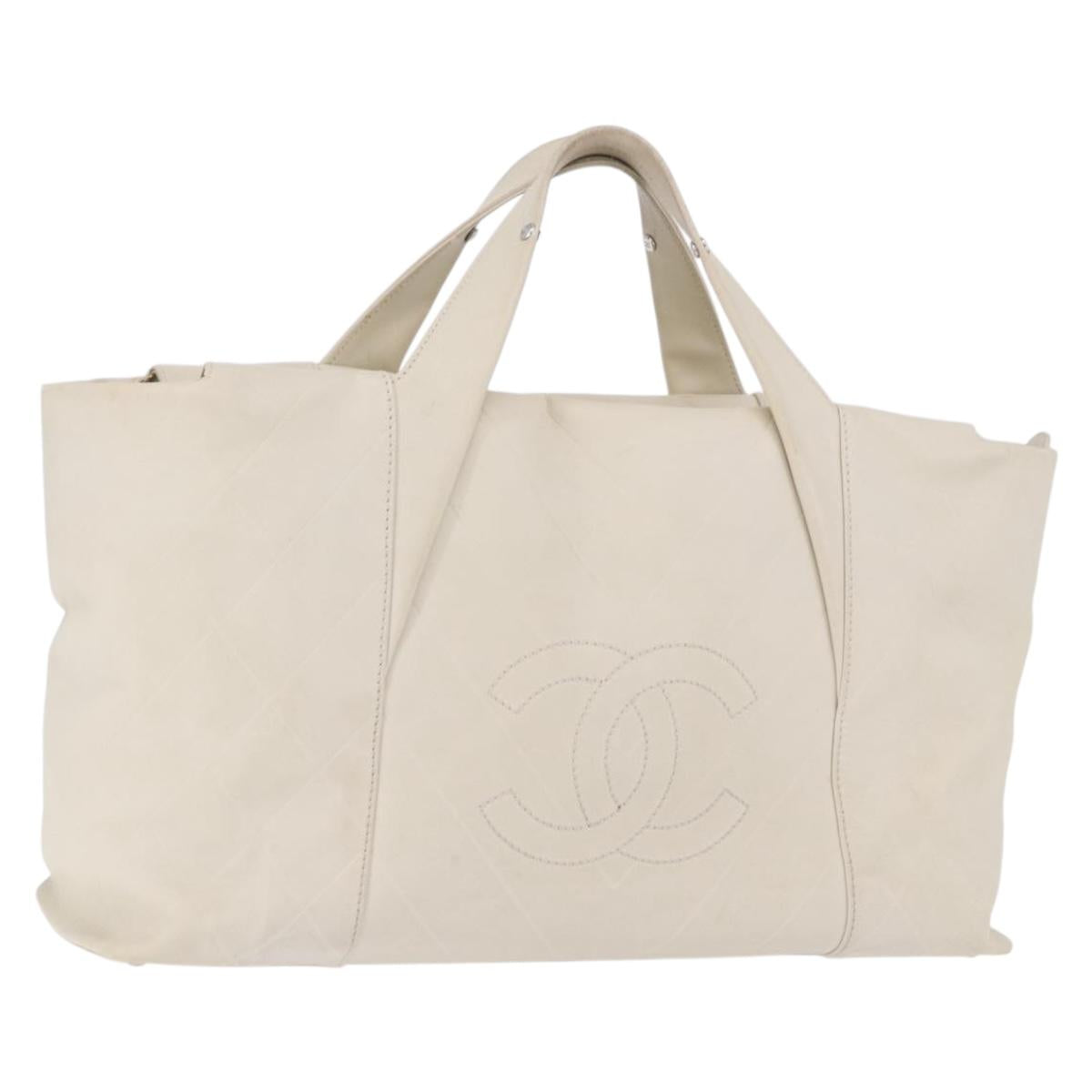 CHANEL Hand Bag Leather Ivory Silver CC Auth 192881