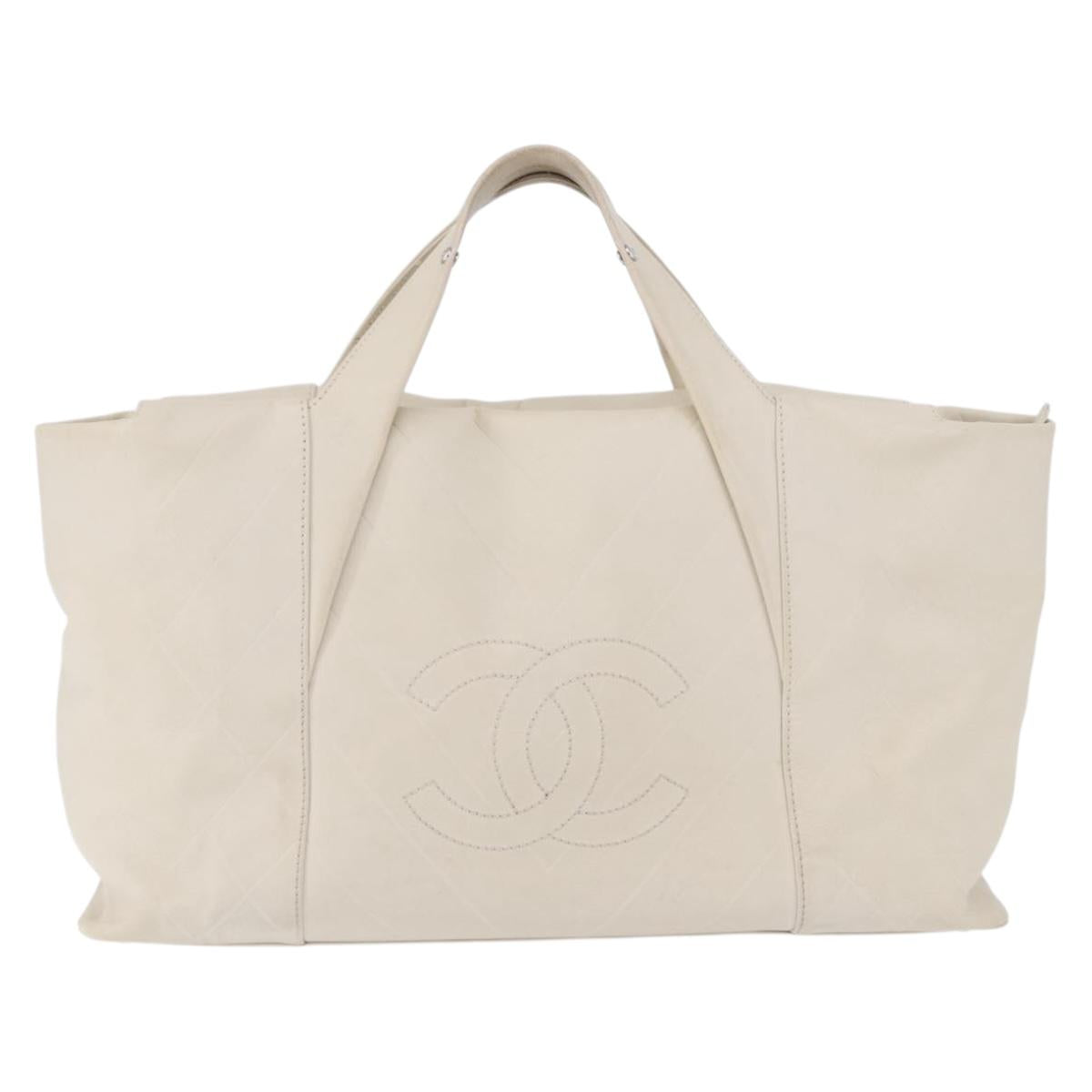 CHANEL Hand Bag Leather Ivory Silver CC Auth 192881